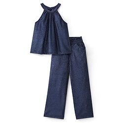 Pine Kids Woven Sleeveless Top & Palazzo Set With Shimmer - Navy Blue