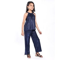 Pine Kids Woven Sleeveless Top & Palazzo Set With Shimmer - Navy Blue