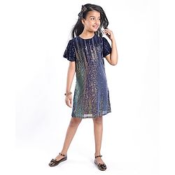 Pine Kids Half Sleeves Party Dress with Sequin Detailing - Navy Blue