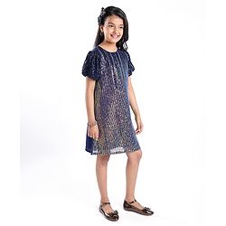 Pine Kids Half Sleeves Party Dress with Sequin Detailing - Navy Blue