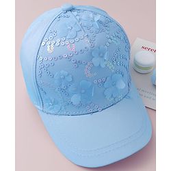 Pine Kids Baseball Cap with Floral & Sequined Detailing - Blue
