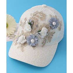 Pine Kids Baseball Cap with Floral Appilique - White