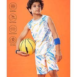 Pine Active Knit High Stretch Sleeveless T-Shirt & Shorts Set Text Print - Blue