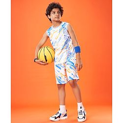 Pine Active Knit High Stretch Sleeveless T-Shirt & Shorts Set Text Print - Blue