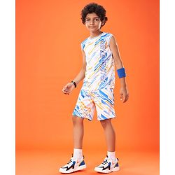 Pine Active Knit High Stretch Sleeveless T-Shirt & Shorts Set Text Print - Blue
