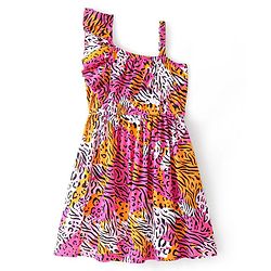 Pine Kids  Cotton Knit Sleeveless Frock with Cheetah Theme Print - White