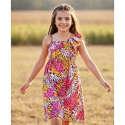 Pine Kids  Cotton Knit Sleeveless Frock with Cheetah Theme Print - White