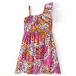 Pine Kids  Cotton Knit Sleeveless Frock with Cheetah Theme Print - White