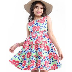 Pine Kids Cotton Knit Sleeveless Frock Floral Print - Snow White & Green
