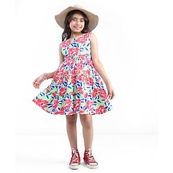 Pine Kids Cotton Knit Sleeveless Frock Floral Print - Snow White & Green