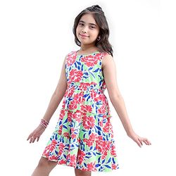 Pine Kids Cotton Knit Sleeveless Frock Floral Print - Snow White & Green
