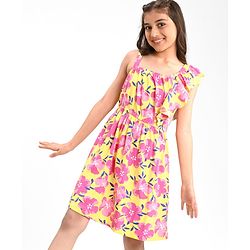 Pine Kids Cotton Knit Sleeveless Frock with Floral Print - Yellow