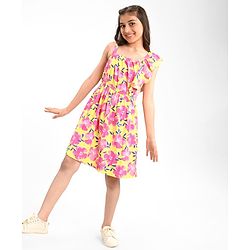 Pine Kids Cotton Knit Sleeveless Frock with Floral Print - Yellow