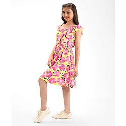Pine Kids Cotton Knit Sleeveless Frock with Floral Print - Yellow