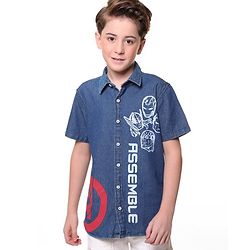 Pine Kids Marvel Denim Half Sleeves Shirt Avengers Print - Blue
