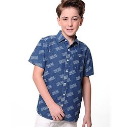 Pine Kids Marvel Denim Half Sleeves Shirt Text Print - Blue