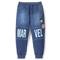 Pine Kids Marvel Cotton Blend Full Length Whiskered Denim Jogger With Marvel Text Print And Avenger Badge - Blue