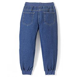 Pine Kids Marvel Cotton Blend Full Length Whiskered Denim Jogger With Marvel Text Print And Avenger Badge - Blue