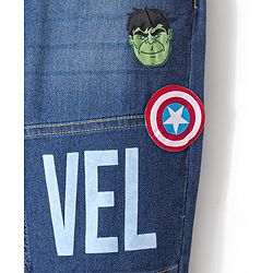 Pine Kids Marvel Cotton Blend Full Length Whiskered Denim Jogger With Marvel Text Print And Avenger Badge - Blue