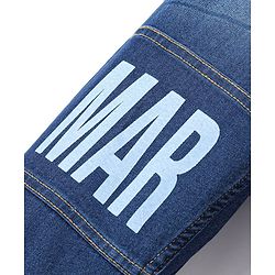 Pine Kids Marvel Cotton Blend Full Length Whiskered Denim Jogger With Marvel Text Print And Avenger Badge - Blue