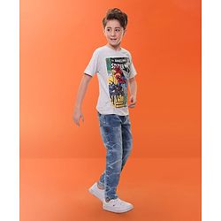 Pinekids Marvel  Cotton Knit Half Sleeves T-Shirt with Spiderman Graphics - Grey Melange