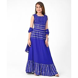 Pine Kids Sleeveless Floral Embroidery & Lace Detailing Choli Lehenga with Dupatta Set - Royal Blue