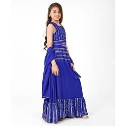Pine Kids Sleeveless Floral Embroidery & Lace Detailing Choli Lehenga with Dupatta Set - Royal Blue