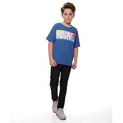 Pine Kids Marvel Cotton Knit Oversized Drop SHoulder Half Sleeves Text Printed T-Shirt - Blue