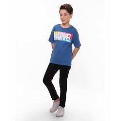 Pine Kids Marvel Cotton Knit Oversized Drop SHoulder Half Sleeves Text Printed T-Shirt - Blue