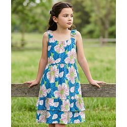 Pine Kids 100% Cotton Knit Sleevless Frock with Floral Print - Blue & Green