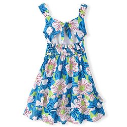 Pine Kids 100% Cotton Knit Sleevless Frock with Floral Print - Blue & Green