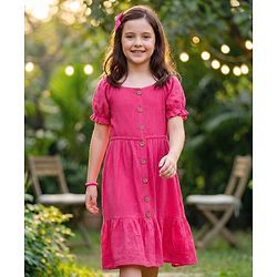 Pine Kids Cotton Woven Half Sleeves Frock with Schiffli Embroidery - Pink