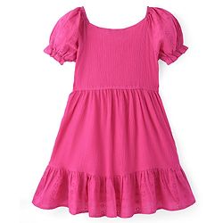 Pine Kids Cotton Woven Half Sleeves Frock with Schiffli Embroidery - Pink