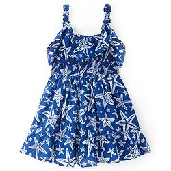 Pine Kids Viscose Woven Sleeveless Frock with Frill & Smocking Detailing Starfish Print - Navy Blue