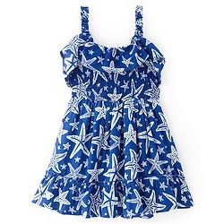 Pine Kids Viscose Woven Sleeveless Frock with Frill & Smocking Detailing Starfish Print - Navy Blue