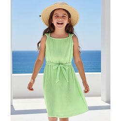 Pine Kids Sleeveless Solid Colour Lining Detailing Frock - Green