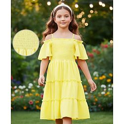 Pine Kids Woven Off Shoulder Half Sleeves Tiered Frock - Light Yellow