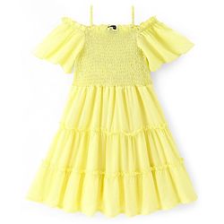 Pine Kids Woven Off Shoulder Half Sleeves Tiered Frock - Light Yellow