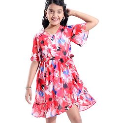 Pine Kids 100% Cotton Knit Half Sleeves Floral Printed Frock - Red