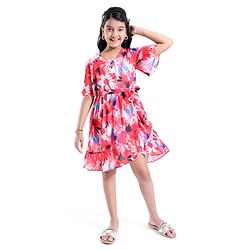 Pine Kids 100% Cotton Knit Half Sleeves Floral Printed Frock - Red