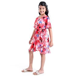 Pine Kids 100% Cotton Knit Half Sleeves Floral Printed Frock - Red