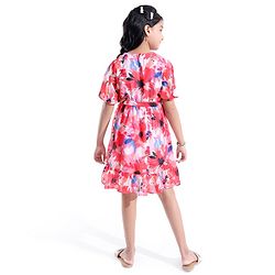 Pine Kids 100% Cotton Knit Half Sleeves Floral Printed Frock - Red
