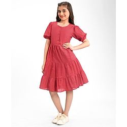 Pine Kids 100% Cotton Woven Half Sleeves With Textured Frock - Red