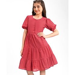Pine Kids 100% Cotton Woven Half Sleeves With Textured Frock - Red