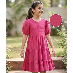 Pine Kids 100% Cotton Woven Half Sleeves With Textured Frock - Pink