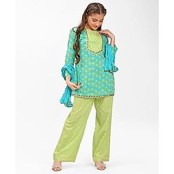 Pine Kids Cotton Three Fourth Sleeves Floral Printed Kurti with gota Patti Lace & Palazzo Set With Dupatta - Blue & Green