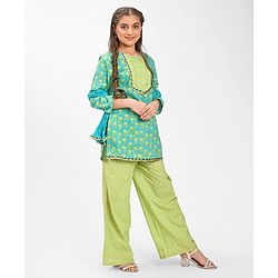 Pine Kids Cotton Three Fourth Sleeves Floral Printed Kurti with gota Patti Lace & Palazzo Set With Dupatta - Blue & Green