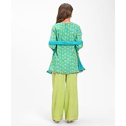 Pine Kids Cotton Three Fourth Sleeves Floral Printed Kurti with gota Patti Lace & Palazzo Set With Dupatta - Blue & Green