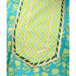 Pine Kids Cotton Three Fourth Sleeves Floral Printed Kurti with gota Patti Lace & Palazzo Set With Dupatta - Blue & Green