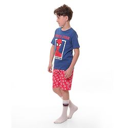 Pine Kids Marvel Single Jersey Knit Half Sleeves T-Shirt And Shorts Set With Spiderman Graphics - Navy Blue & Red
